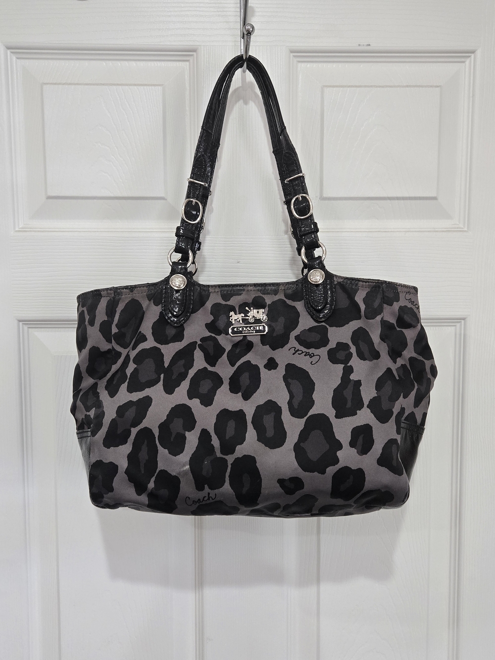 Vintage Mia Ocelot Coach Gray & Black Leopard Satin Tote Bag 15776